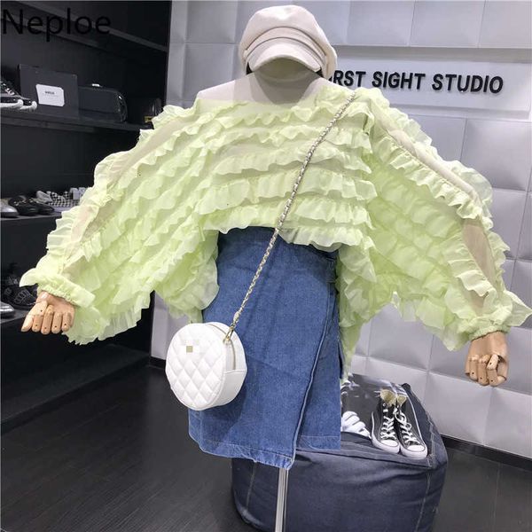 

neploe sweet cascading ruffle women blouses new arrival o-neck batwing sleeve blusa fashion loose sunscreen ladies shirts 45050 sh190803, White