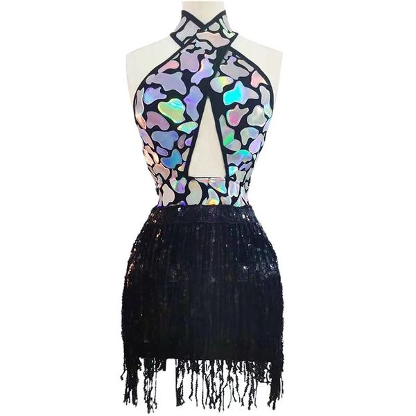

backless dress silver/gold stage costume prom fringe dress women singer dancer halter sequin tassel birthday wear vdb3288, Black;red