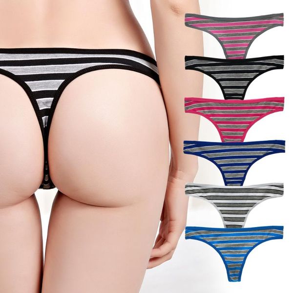 

women's panties thongs t-back g-strings cotton basic underwear women low waisted striped ladies knickers  l xl 6 pcs/lot #369, Black;pink