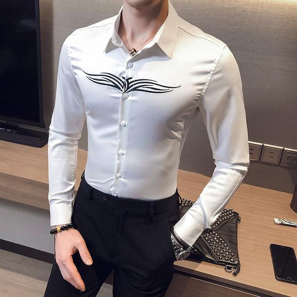 

men's casual shirts british style simple long sleeve embroidery for men clothing 2021 all match slim fit prom tuxedo dress black/white, White;black