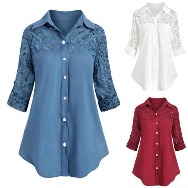 

women casual solid color turn down collar lace stitching buttonsed plus size shirt, White