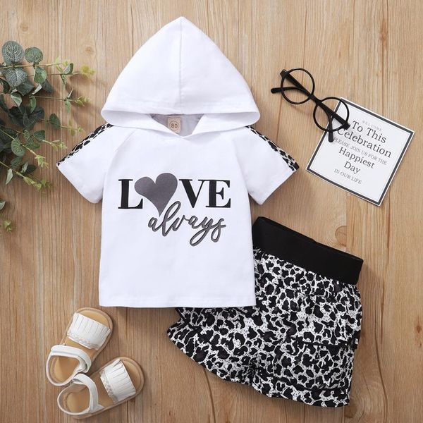 

clothing sets (6m-4t) children's short sleeve letter print hooded sweater + leopard shorts set sportswear love outfits 2021, White