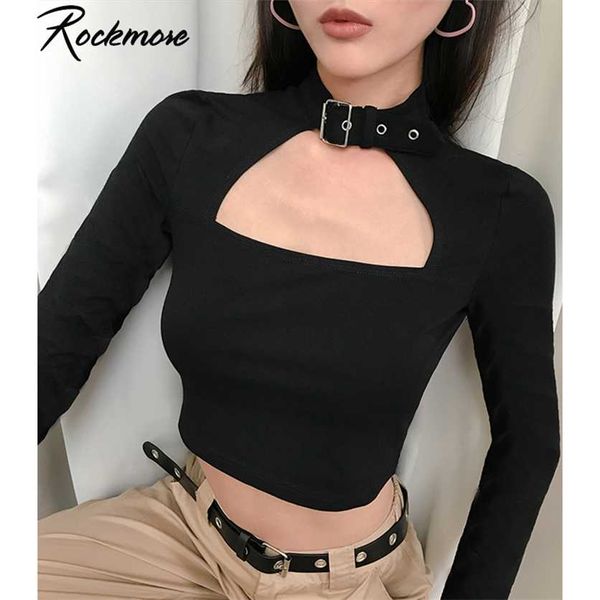 Rockmore Buckle Halterneck T-shirt da donna sexy Harajuku Top corto a maniche lunghe Streetwear T-shirt basic da donna T-shirt attillate 220208