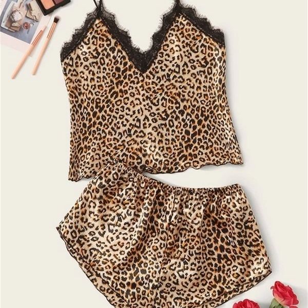 

underwear women's leopard pattern suspender pajamas short two piece set, Red;black