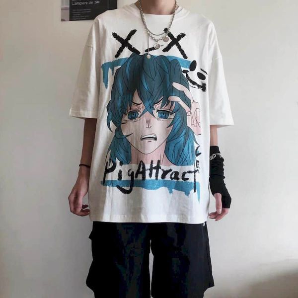 

summer new korean ins impression of loose cartoons big student size short sleeve female male shirt long sleeves couple jd43, White
