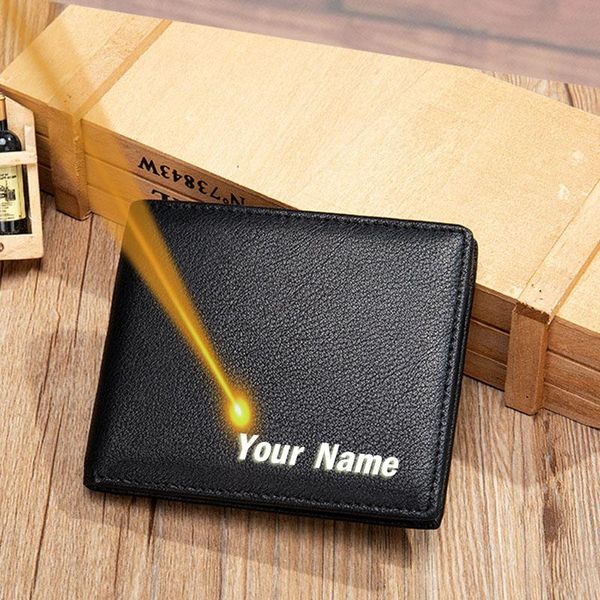

engraving men small mini slim genuine leather wallet father's day gift for men him bifold coin short purse black money bag, Red;black