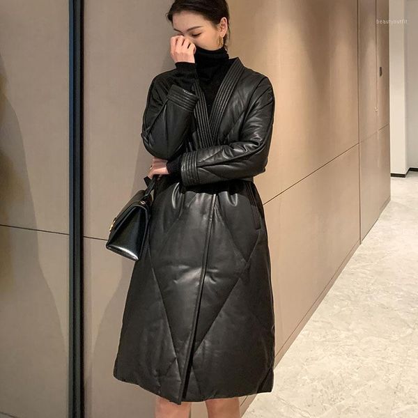 

the 2021 haining leather jacket for women v-neck with true pipi feather no dark buckle coat women's & faux, Black