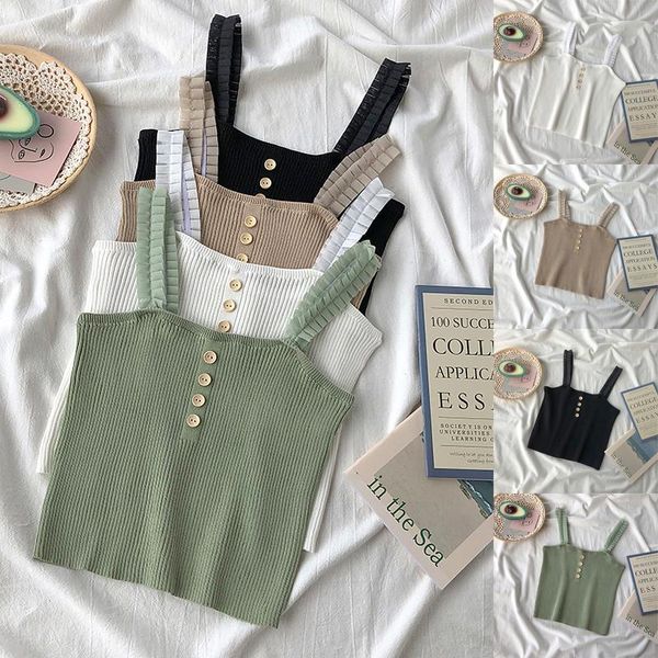 

women knitted tank solid camisole button vest knit crop lace cami slim, Black;white