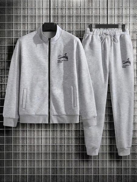 

men slogan and palm tree print thermal jacket & sweatpants w0pi#, Gray