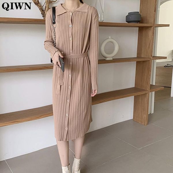 

korean single-breasted knitted sweater dress women turndown collar lace up slim midi dresses woman office autumn 2021 casual, Black;gray
