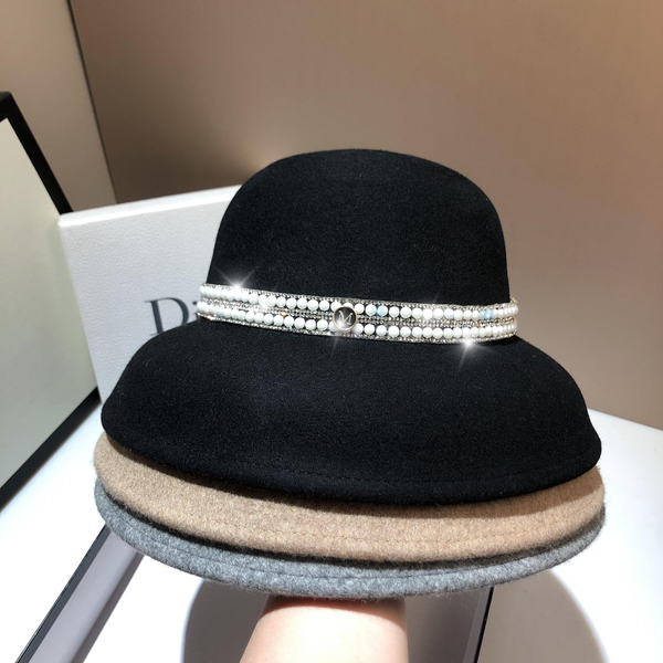 

luxury stingy brim hats high-grade wool french hepburn lampshade retro ladies drill ceramic curved brim basin hat female tide, Blue;gray