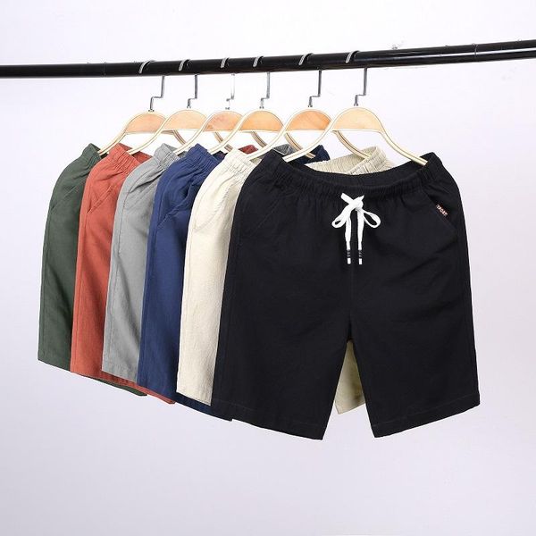 

2021 men's casual shorts linen cotton comfort shorts male streetwear solid color loose fashion men, White;black