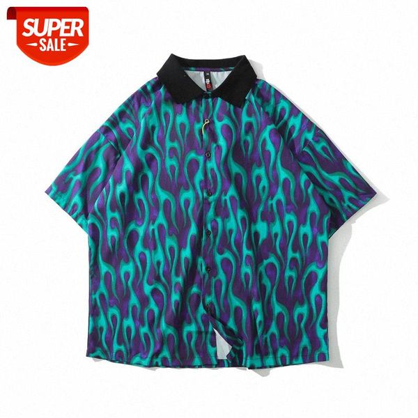 

dark blue flame shirt men's and women's short-sleeved loose niche design jacket #tt6q, White;black