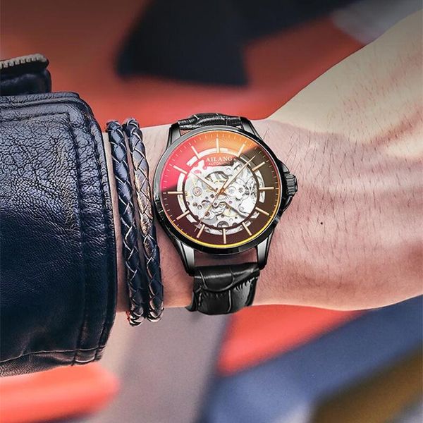 

wristwatches ailang men's watch automatic mechanical hollow luxury atmosphere waterproof luminous sunset beam sports 8629, Slivery;brown