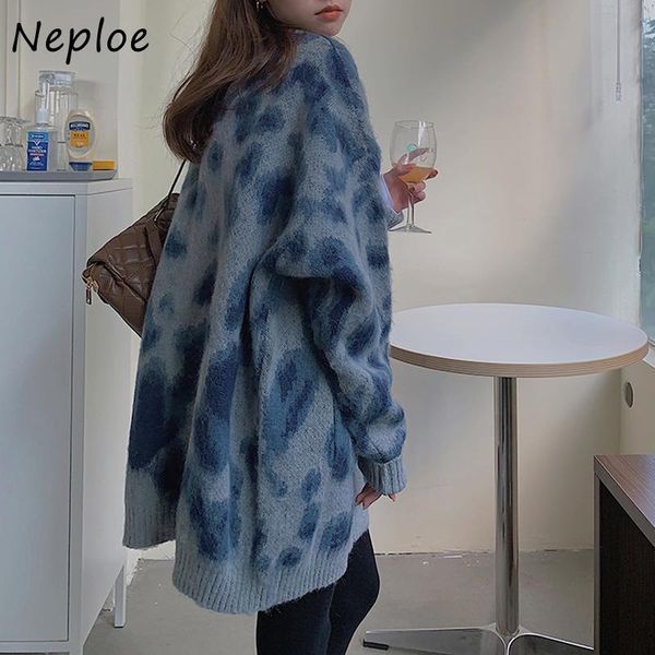 

neploe vintage leopard knit sweater cardigans women v neck long sleeve single breast pull femme coat spring 2021 new sueter, White