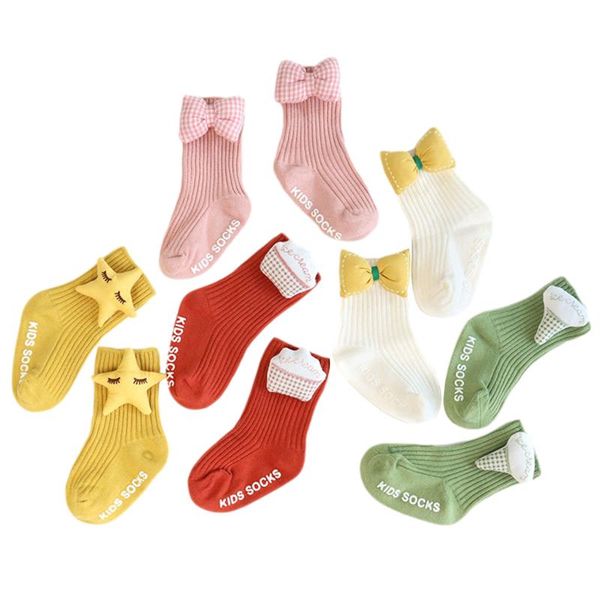 

socks kids cotton anti-slip cartoon pattern stocking medium tube for autumn winter 0-3 years, Pink;yellow