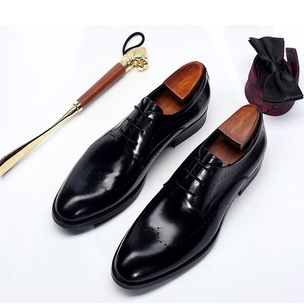 

luxury oxfords brogue carved men dress shoes genuine leather handmade lace up formal office business party shoes f11, Black