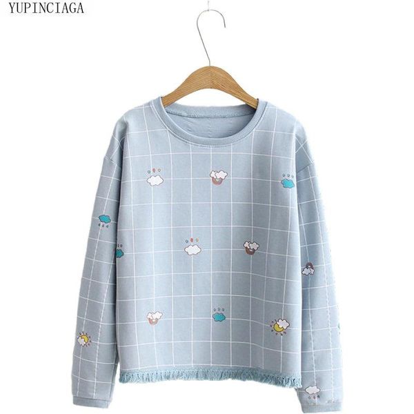 

women's hoodies & sweatshirts women 2021 spring o-neck long sleeve pullovers femme cartoon plaid print harajuku sweatshirt for girls, Black