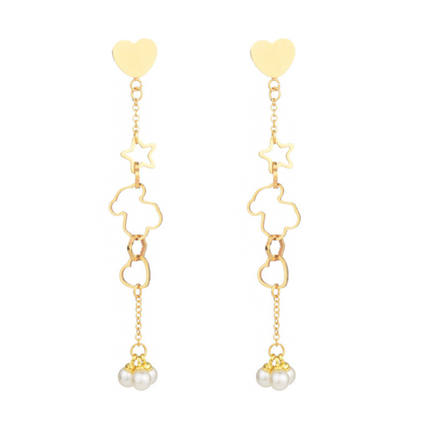 

dangle & chandelier fashion cute love heart star long drop earrings for women hollow bear white imitation pearl jewelry gifts, Silver