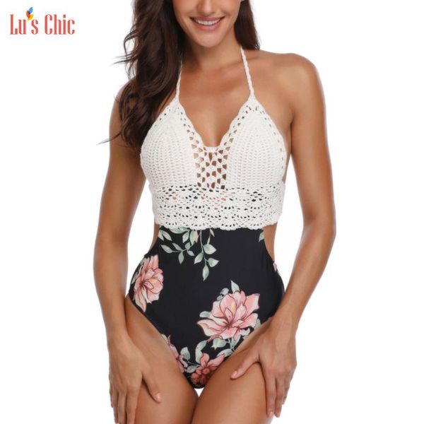 

one-piece suits lu's chic halter neck crochet backless printed women one piece swimsuit bathing suit cut out monokini