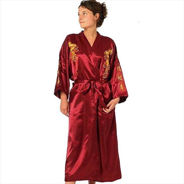 

burgundy silk embroidery dragon kimono womens sleepwears bathrobe gown satin robe long nightgown size s  xl xxl xxxl, Black;red