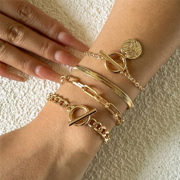 

link, chain 4pcs/set punk multilayer coin thick bracelets set female girl shiny crystal rhienstone ot buckle bracelet party jewelry, Black