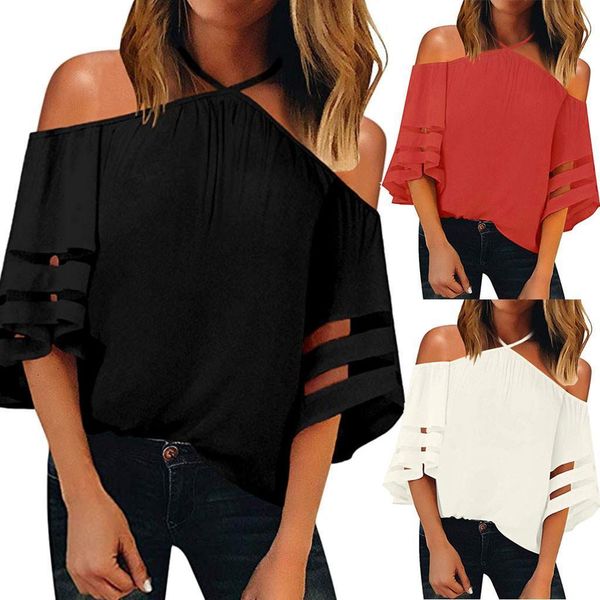 

women blusas halter chiffon blouse celmia off shoulder spring summer half sleeve solid club party plus size yj, White