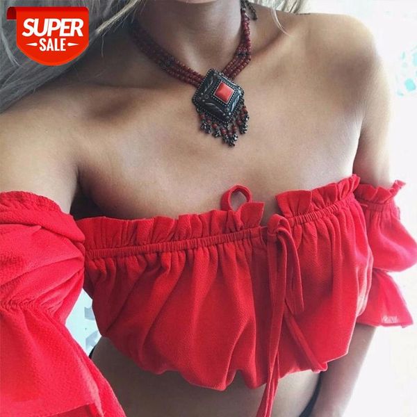 

crop women 2020 summer lantern sleeve strapless beach plus size red black white ruched crop tank crop#hy1k
