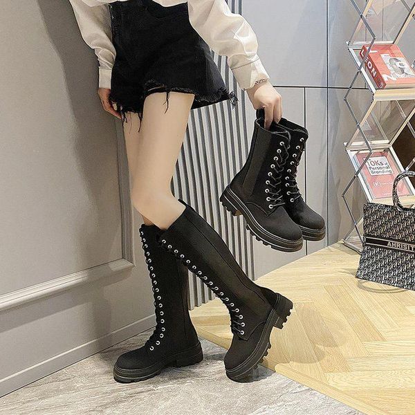 

boots high women 2021 autumn and winter models thick heel lace up knight, Black