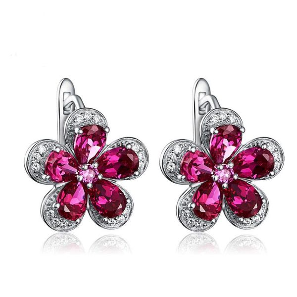 

hoop & huggie fashion 925 sterling silver ruby gemstone flower plant earrings fine jewelry gifts wholesale drop, Golden;silver