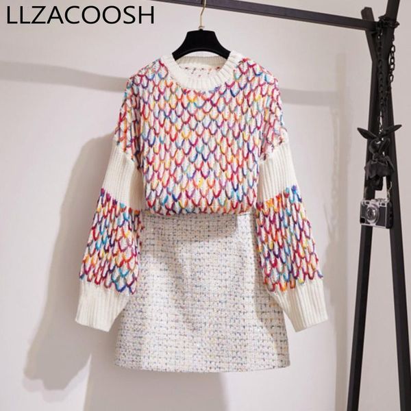 

two piece dress 2021 autumn fashion women rainbow knitted sweater + short tweed skirts suit for womens set outfits clothes, White