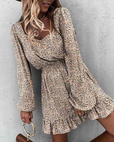 

apring and summer fashion womens dress mini with square collar elastic waist ruffle print sweet style hedging, Black;gray