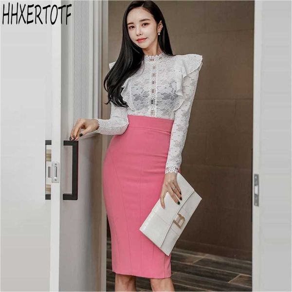 

spring fashion temperament women 2 pieces sets ruffle hollow lace shirt +ol bag hip skirt 210531, White