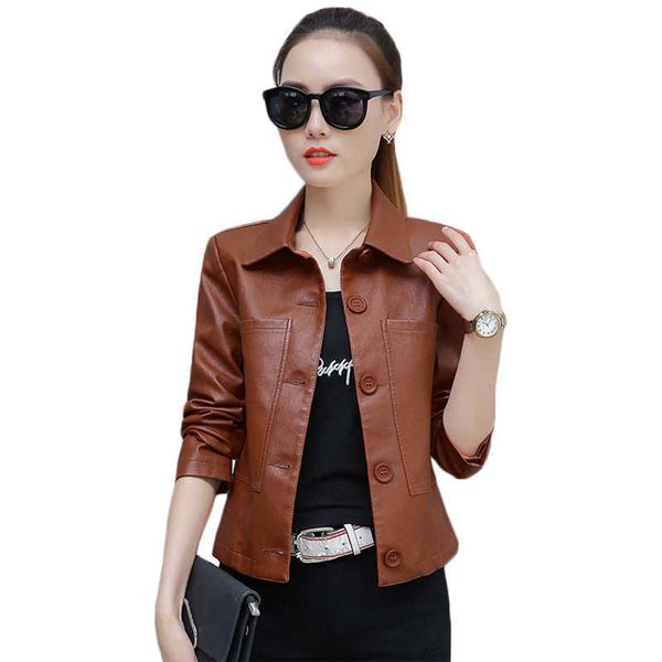 

leather jacket women caramel 3xl 4xl plus size short slim pu coat spring autumn korean fashion chic moto clothing ld855 210929, Black