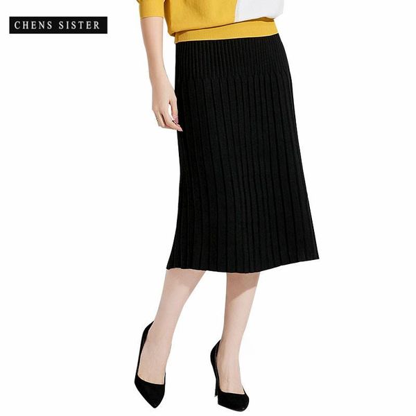 

skirts [chens sister] 2021 fashion pleated skirt women's high waisted a line street knitted full midi women, Black