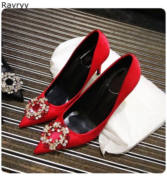 

dress shoes luxury crystal red women's high heel pointed toe female single thin party wedding lady outfit, Black