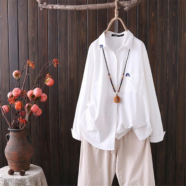 

women's blouses & shirts women long sleeve blouse 2021 loose shirt solid spring autumn casual tunic rainbow embroidery blusas with poc, White