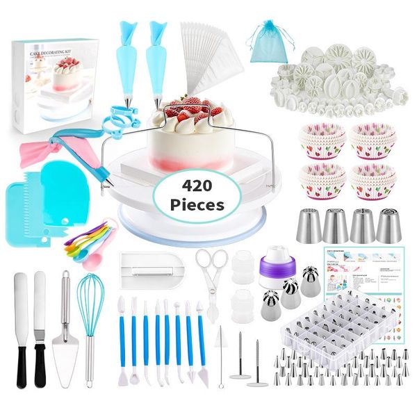 

multifunction cake decorating set 420pcs/set stainless pastry nozzles cake turntable set confectionery bag baking tools for
