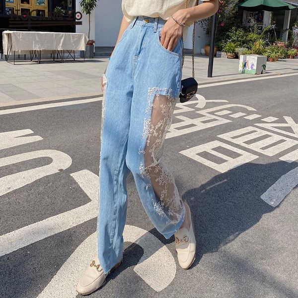 

women high waist jeans spring summer white lace hole ripped daddy pants womens clothing loose straight cotton denim jeans pants, Blue