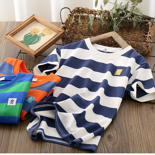 

boys short sleeved t shirt baby summer childrens striped thin western casual 1015 03, Blue