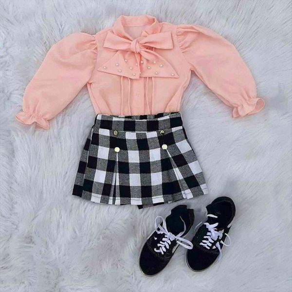 

focusnrom fashion girls clothes sets long puff sleeve solid bow shirts blouse plaid a line pleated skirts, White