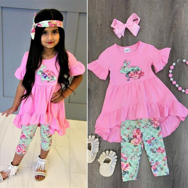 

toddler kids baby girl floral printed short sleeve easter dress pants leggings outfits set clothes 2 7t, White