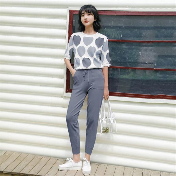 

love jacquard knit 2 womenpant piece set tracksuits short sleeve basic women pullover beaded sweater harem pants sporting suit female, White