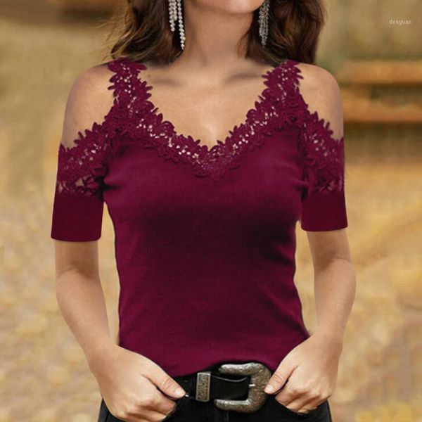 

ladies v-neck tunic lace stitching female off shoulder short sleeved commuting pullover bottoming mujer r5 women's t-shirt, White