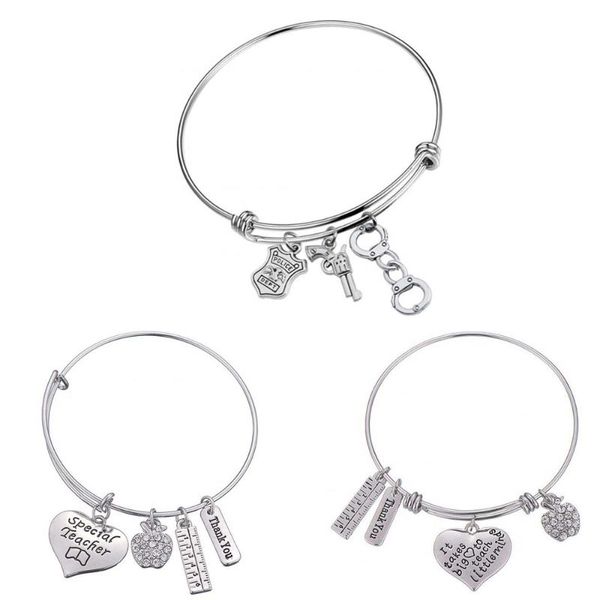 

bangle 10 pcs/lot custom fashion stainless steel teacher charms profession bracelet for gift, Black