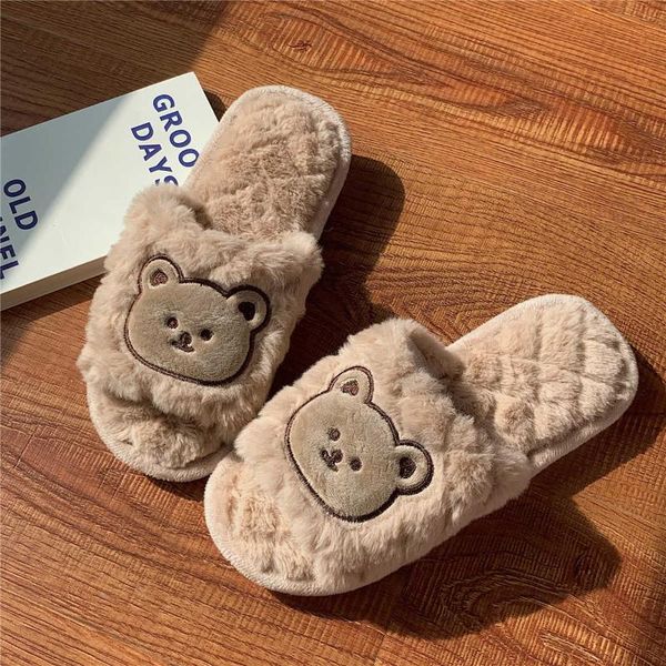 

slippers bear house slipper winter warm furry faux fur slides woman flip flop shoes, Black