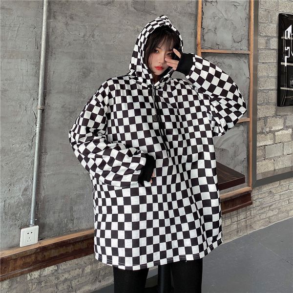 

2021 new 0 autumn loose college harajuku style retro hooded pullover zipper check sweatshirt jacket women t6in, Black