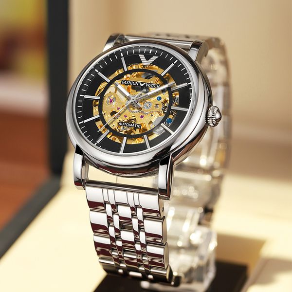 

watch men's multi-function automatic hollow mechanical perspective waterproof high-end, Slivery;brown