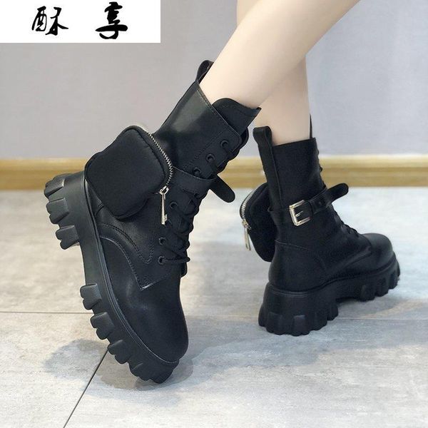 

boots 2021 winter fashion motorcycle wedges flat woman high heel platform leather women shoes black botas mujer