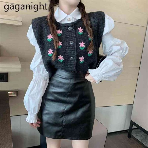 

fashion women three pieces set white shirt black flower vest pu leather mini short skirt lady suit outfits 210601